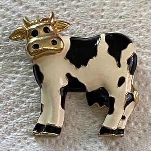 Vintage Black & White Enamel Dairy Cow Brooch